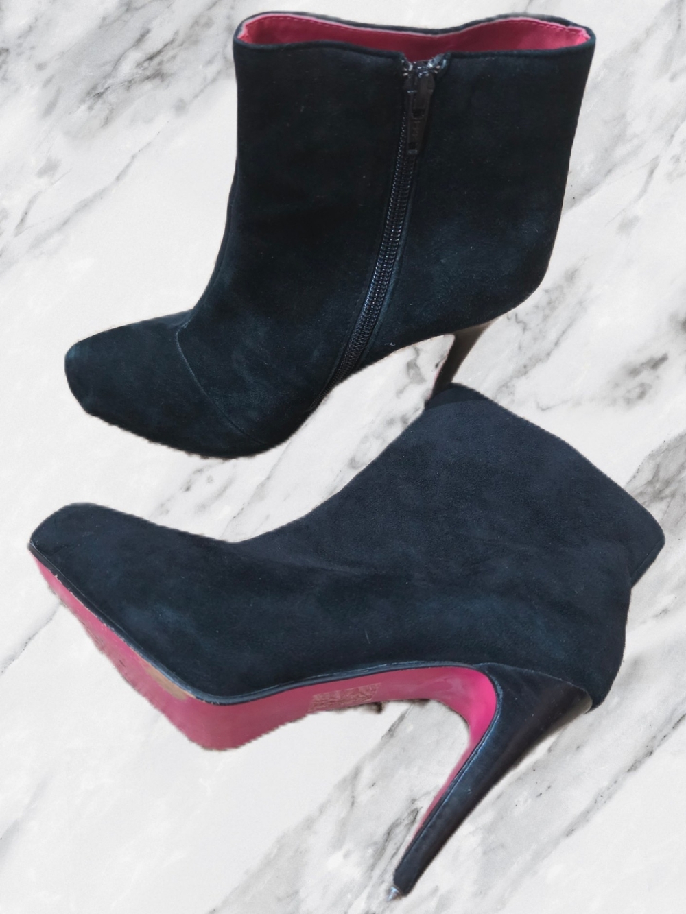 Barbie Black Suede Ankle Booties with Pink Sole - Women's Heeled Boots